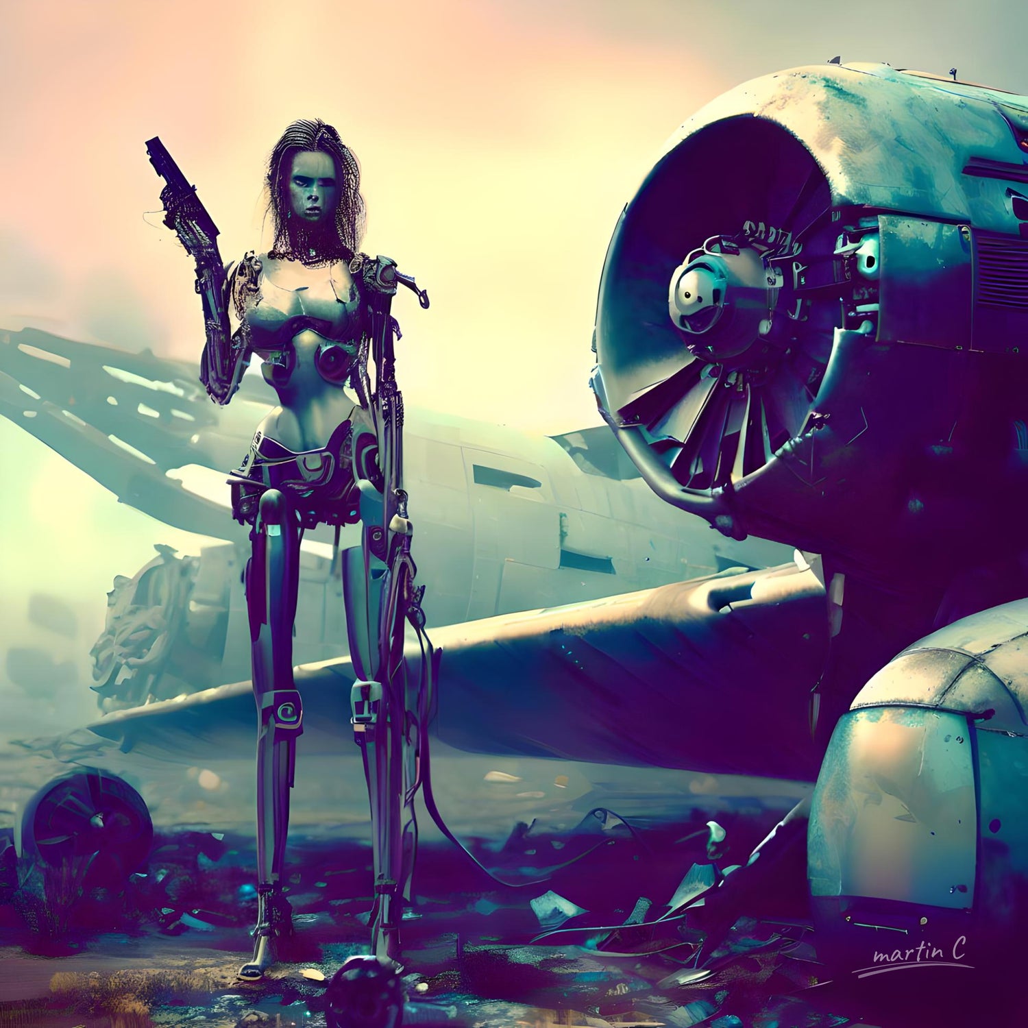 Female cyborg warrior holding a gun