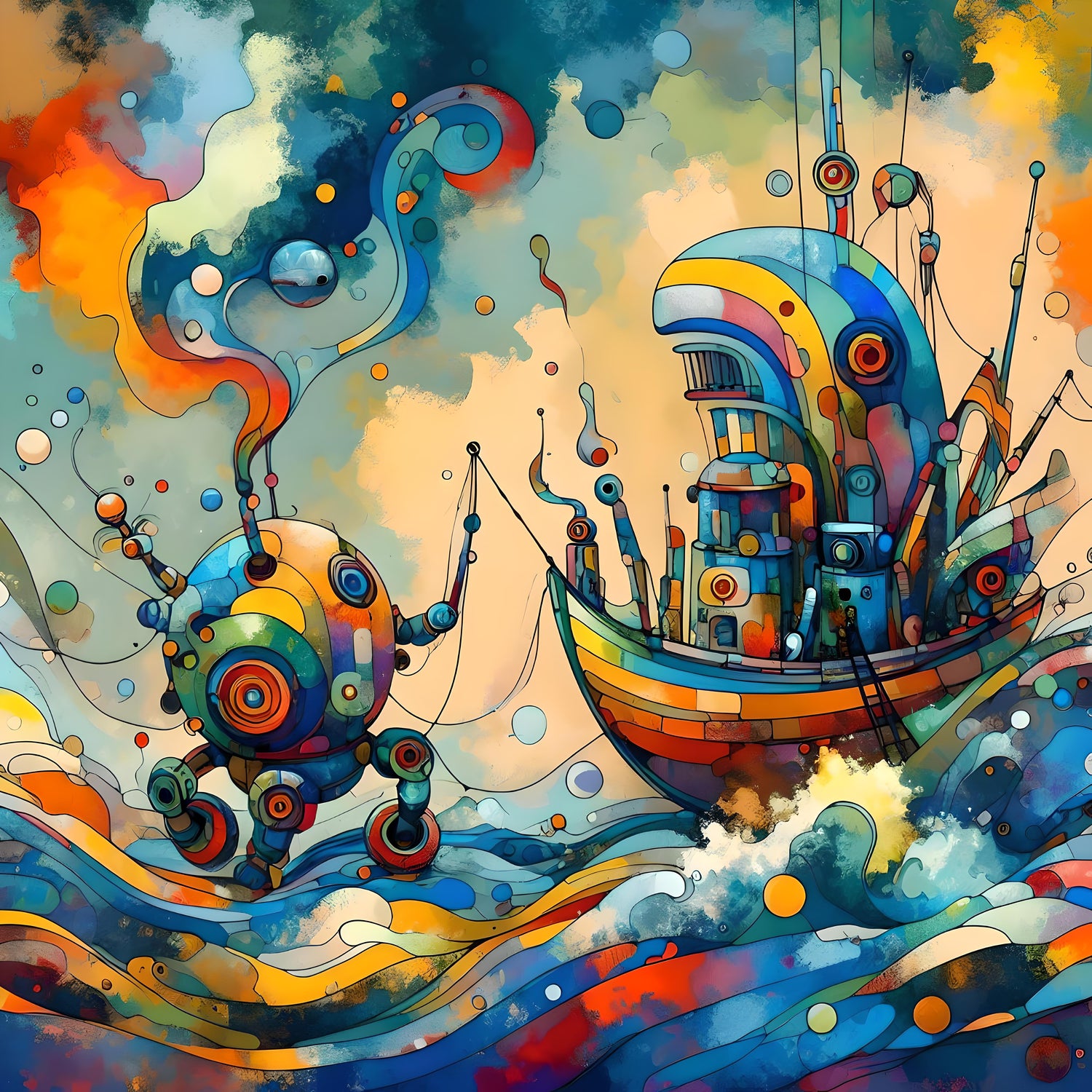 Sci-Fi Art: Whimsical Robots in Small Boats