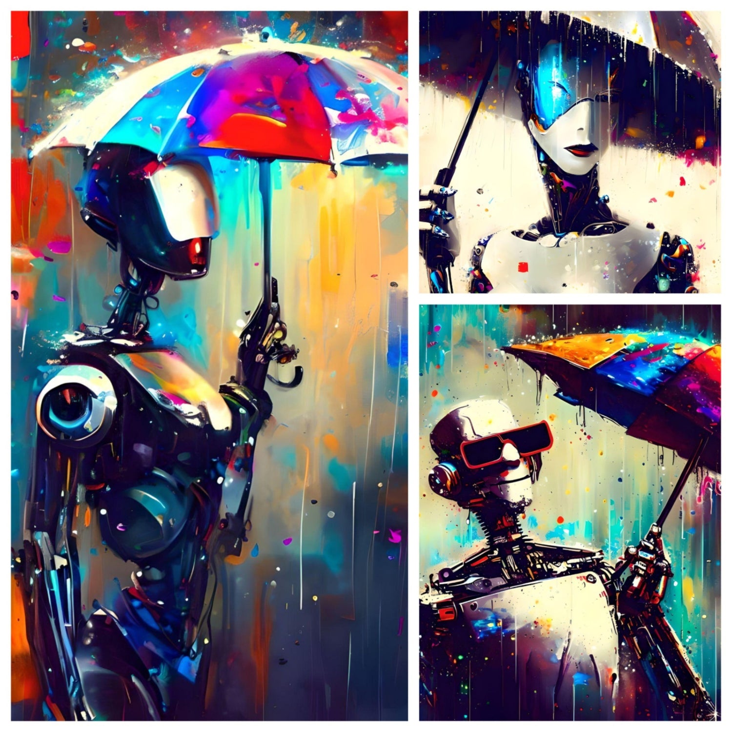 Robots holding umbrellas in the rain