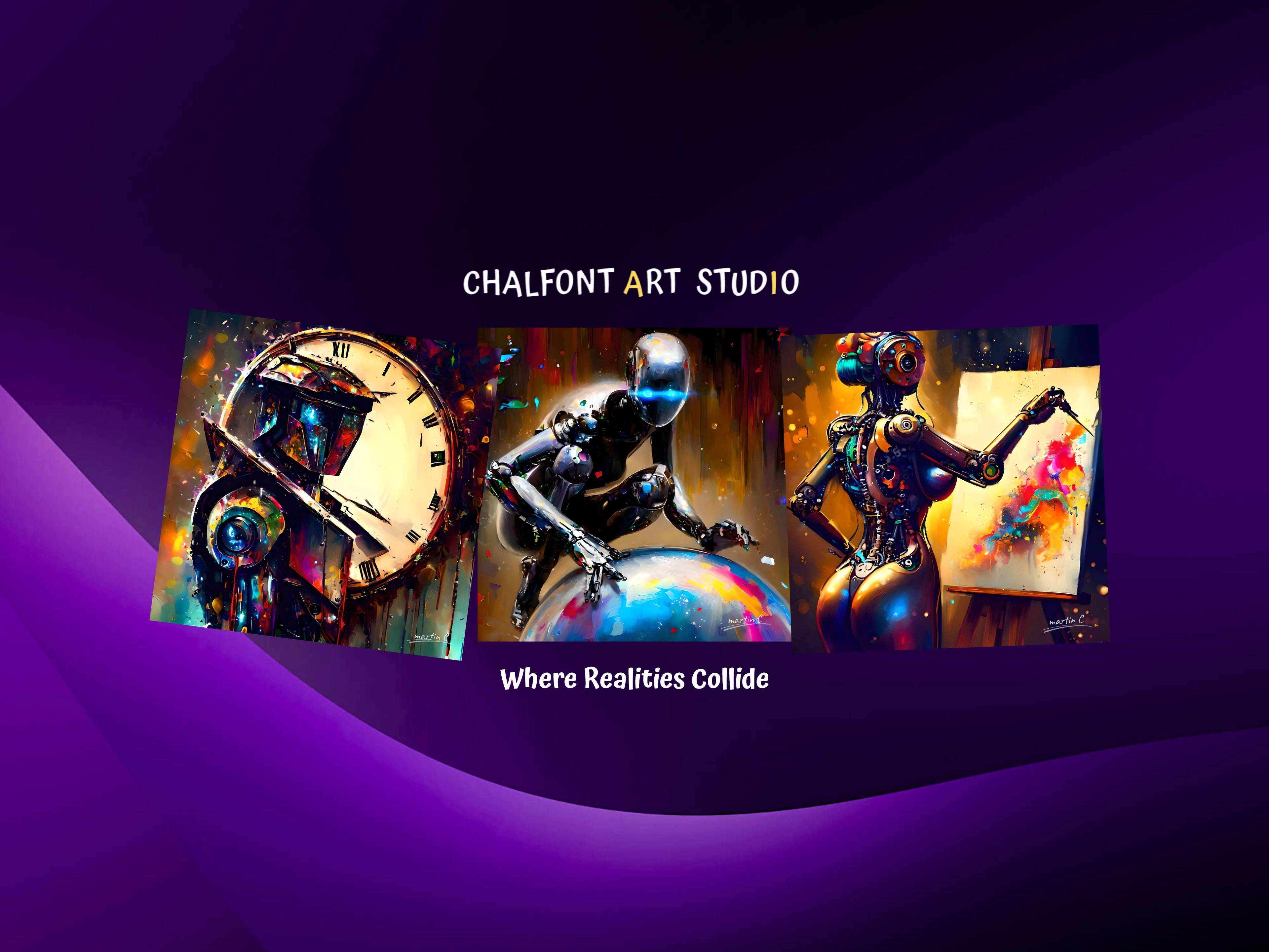 Collage of 3 Fantasy Sci-Fi Canvas Prints headlined with CHALFONT ART STUDIO, Where Realities Collide