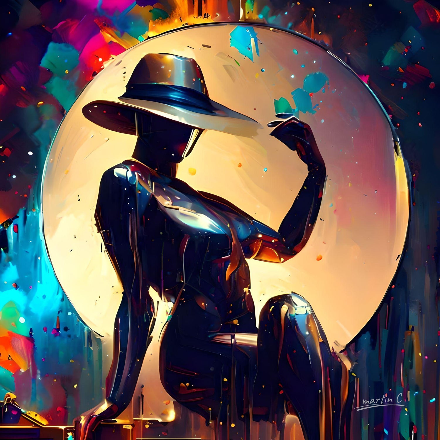 Alluring female robot posing with a large, brimmed hat