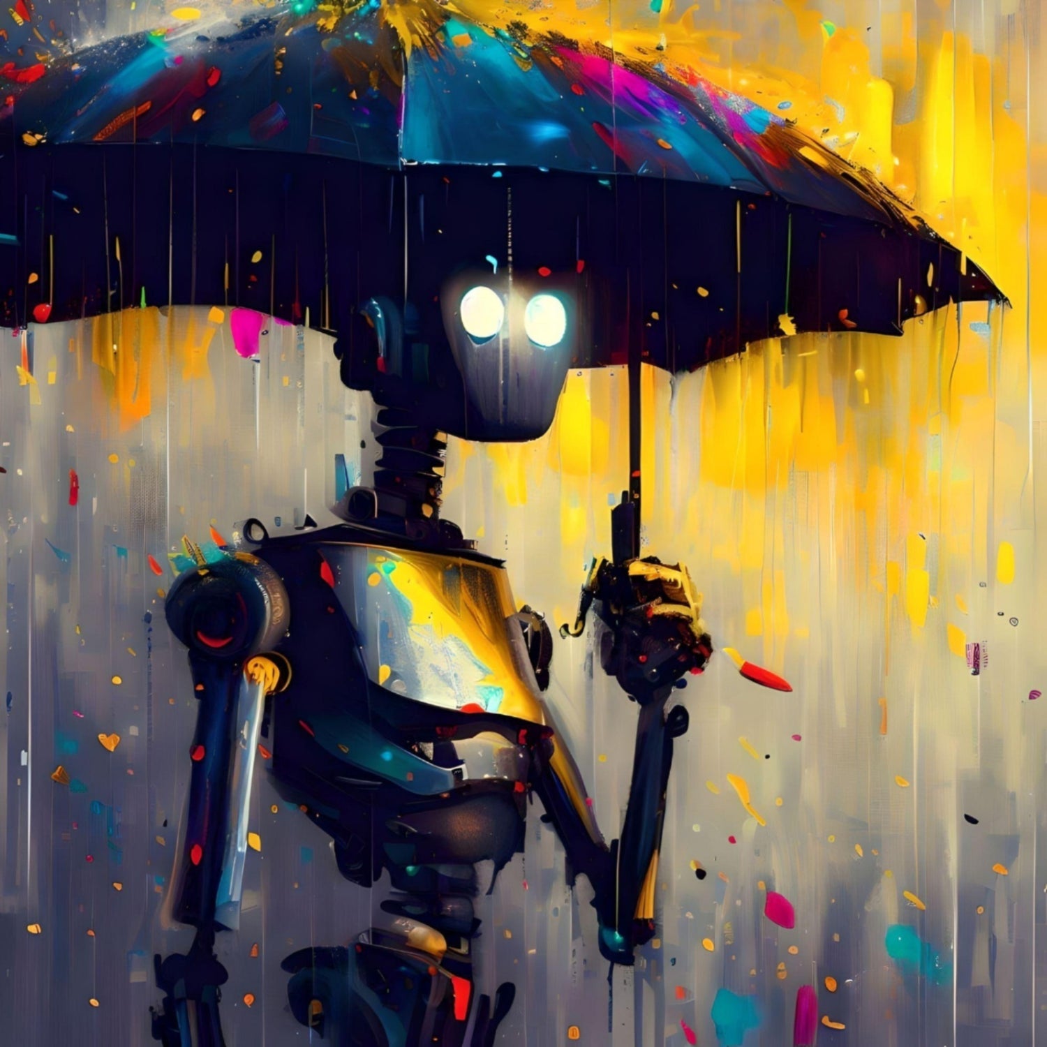 Robot with bright eyes walking beneath an umbrella in the rain